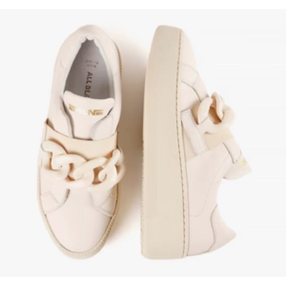 ALL BLACK Link Sneak Ivory Leather Chain Slip On Platform Sneakers Size 36 5.5-6